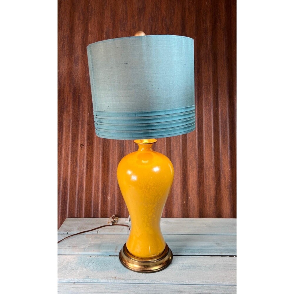 Vintage 1960 Yellow Glass Table Lamp Original Style Blue Shade, MCM Lighting